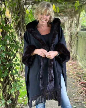 Faux Fur Hooded Cape - Black