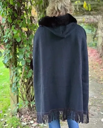 Faux Fur Hooded Cape - Black