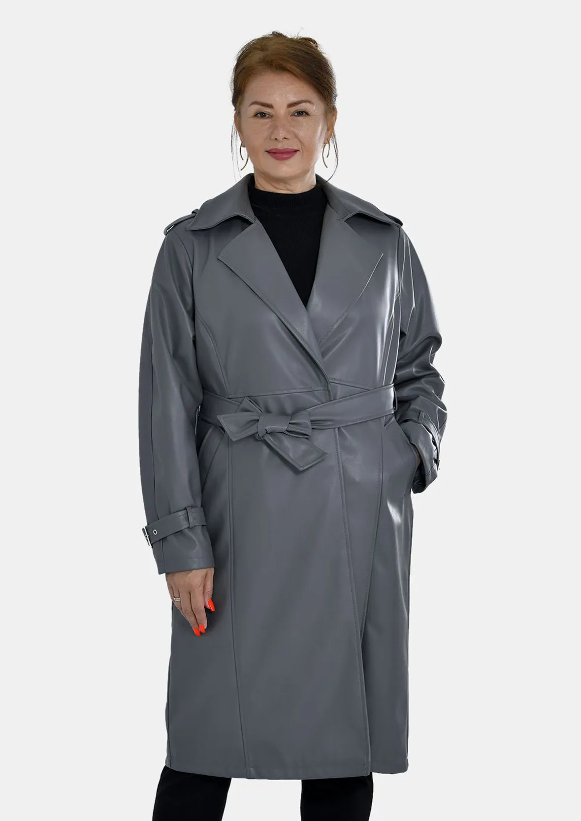 Faux Leather Coat With Tie Belt