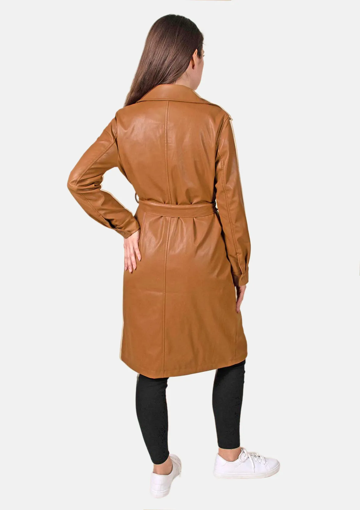 Faux Leather Coat With Tie Belt