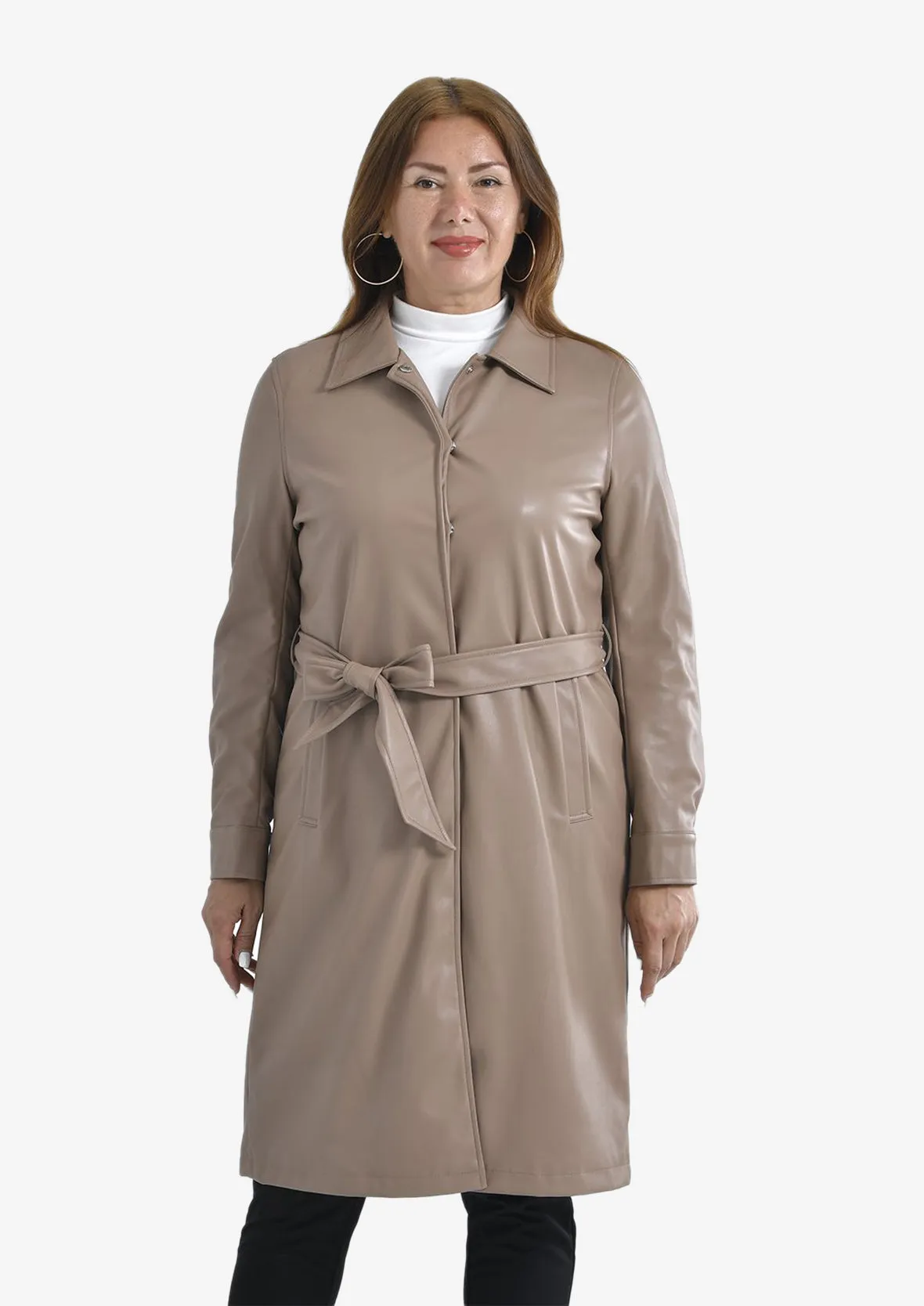 Faux Leather Coat With Tie Belt