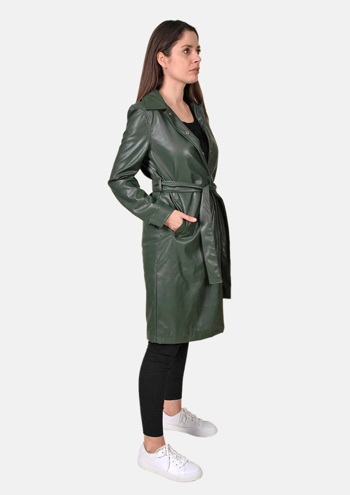 Faux Leather Coat With Tie Belt