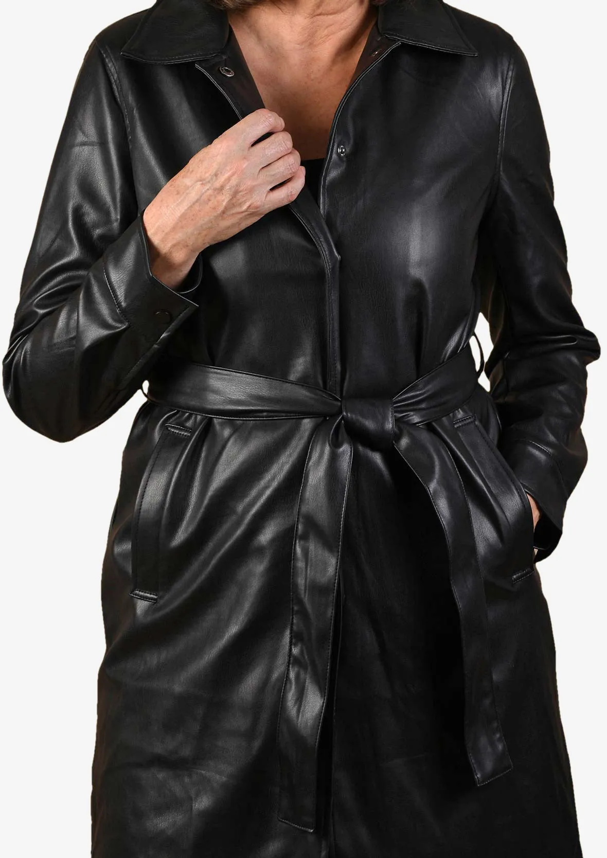 Faux Leather Coat With Tie Belt