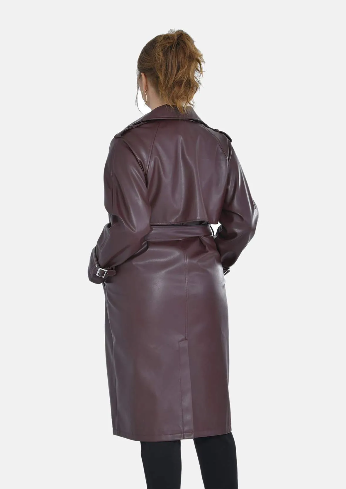 Faux Leather Coat With Tie Belt