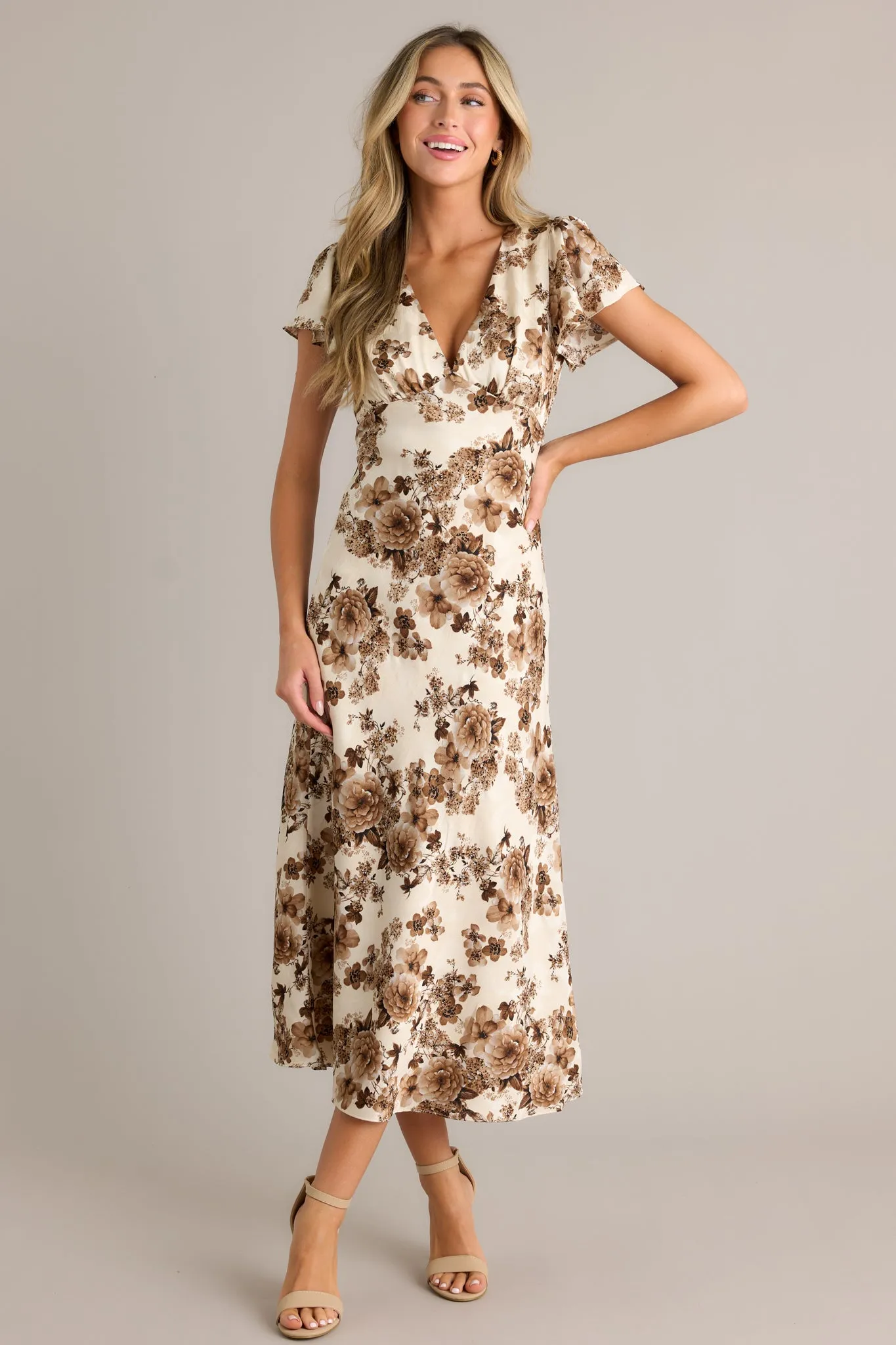 Finer Things Brown Floral Flutter Sleeve Maxi Dress