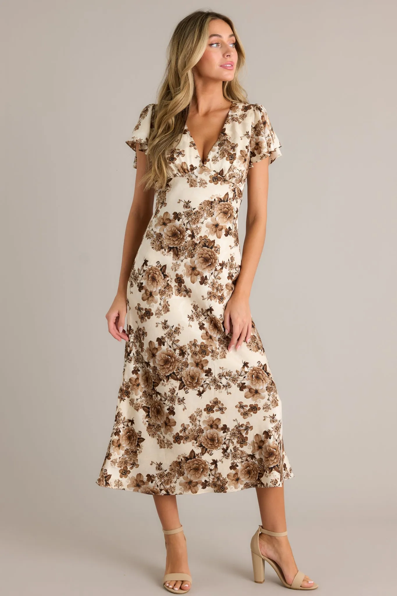 Finer Things Brown Floral Flutter Sleeve Maxi Dress