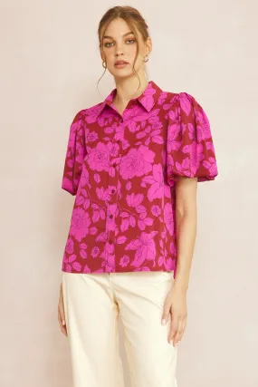 Floral Button Up Top, Magenta