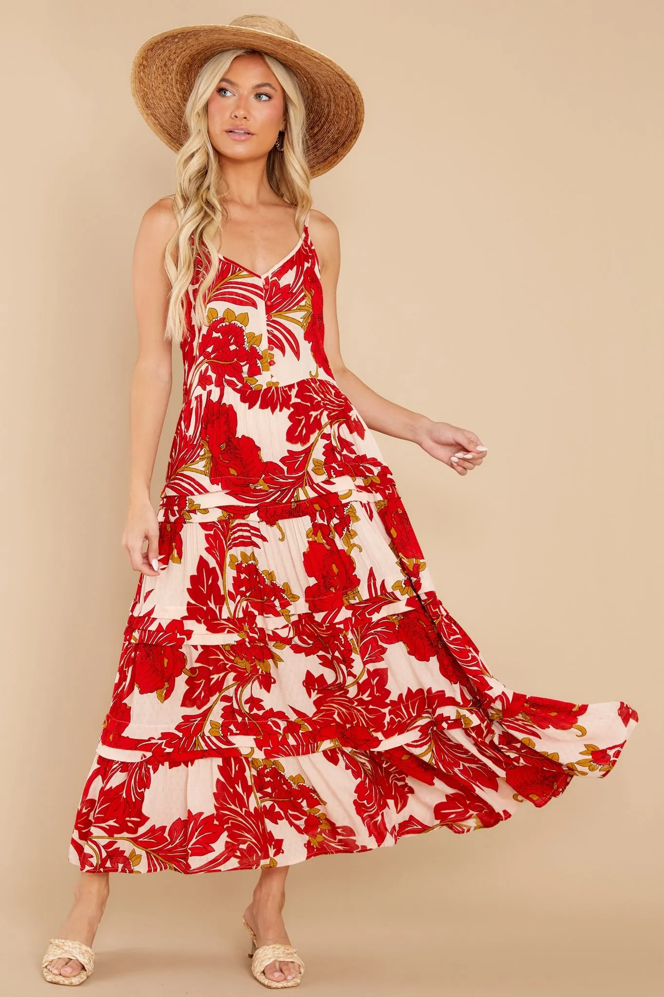 For The Roses Red Floral Button Maxi Dress