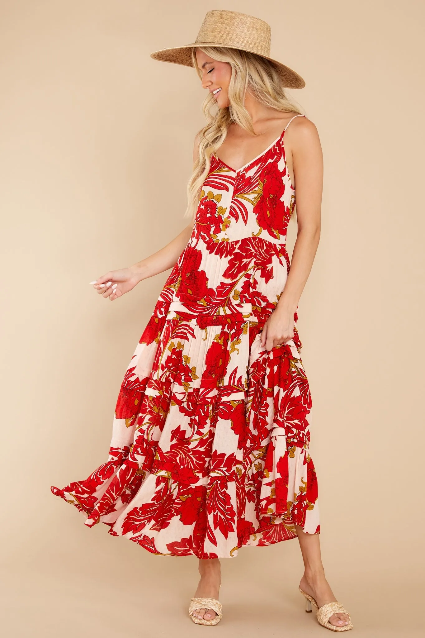 For The Roses Red Floral Button Maxi Dress