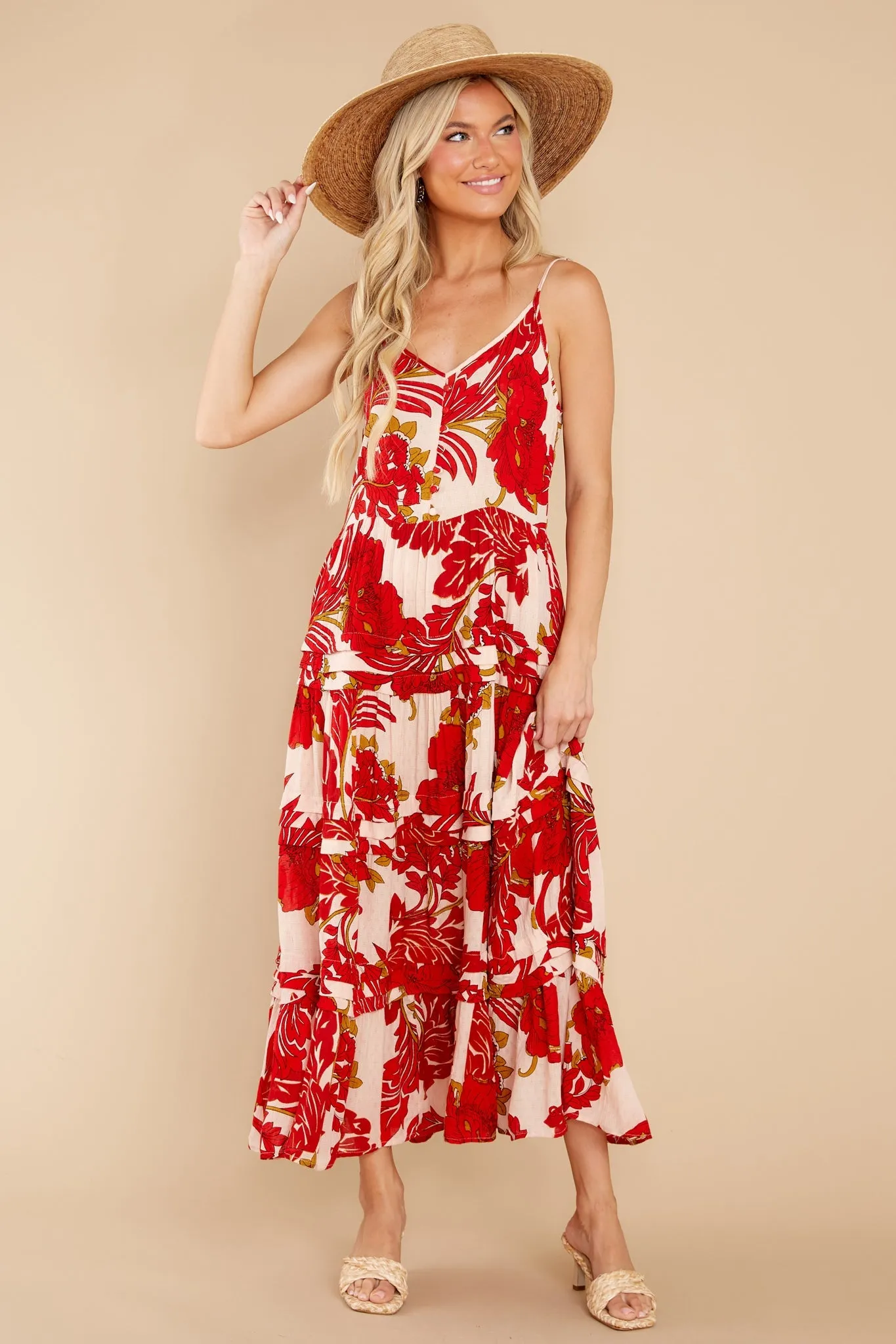 For The Roses Red Floral Button Maxi Dress