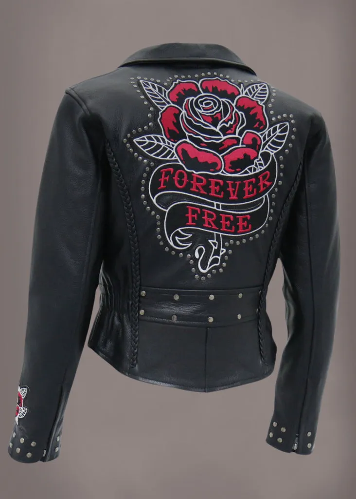 Forever Free Embroidered Rose Leather Motorcycle Biker Jacket