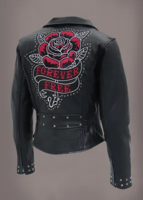 Forever Free Embroidered Rose Leather Motorcycle Biker Jacket