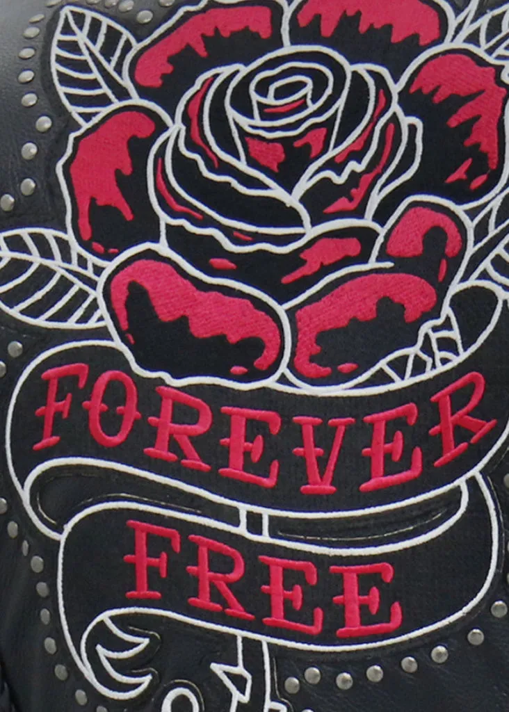 Forever Free Embroidered Rose Leather Motorcycle Biker Jacket