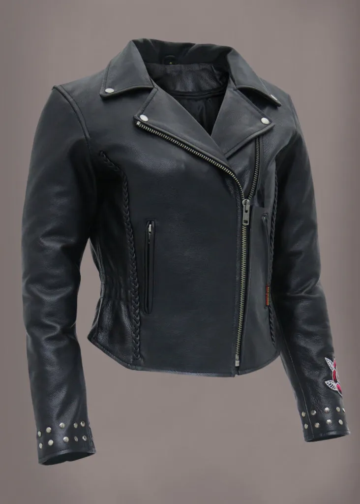 Forever Free Embroidered Rose Leather Motorcycle Biker Jacket