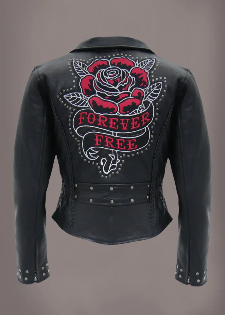 Forever Free Embroidered Rose Leather Motorcycle Biker Jacket