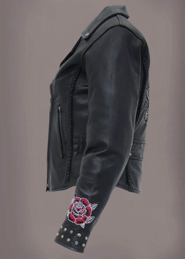 Forever Free Embroidered Rose Leather Motorcycle Biker Jacket