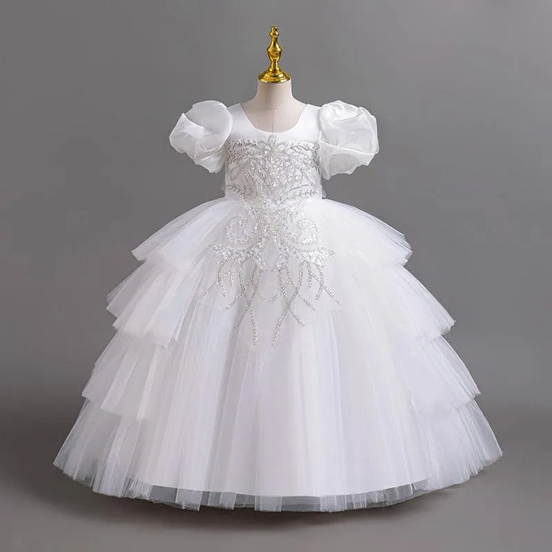 Girls Embroidered Sequin Princess Dress 2024 New Fashion Puff Sleeve Puff Skirt Noble Elegant Dress Skirt Carnival Birthday Party Evening Dress