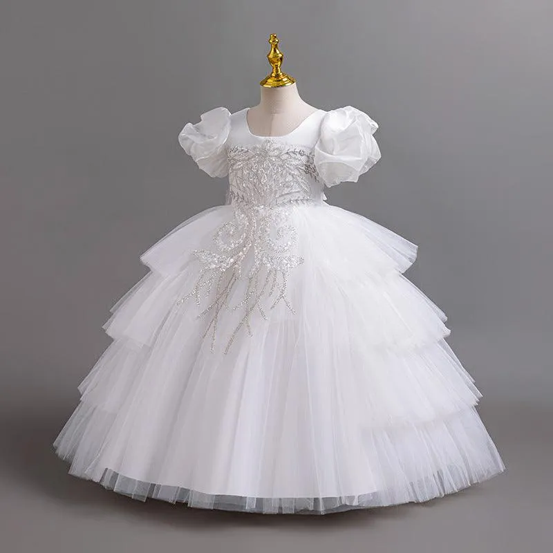 Girls Embroidered Sequin Princess Dress 2024 New Fashion Puff Sleeve Puff Skirt Noble Elegant Dress Skirt Carnival Birthday Party Evening Dress