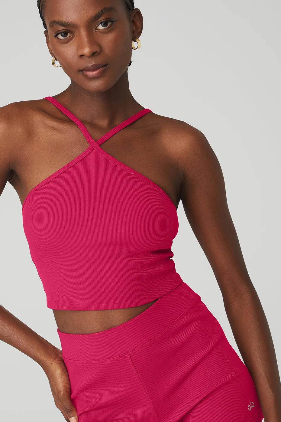 Goddess Ribbed Cross Crop Top - Magenta Crush