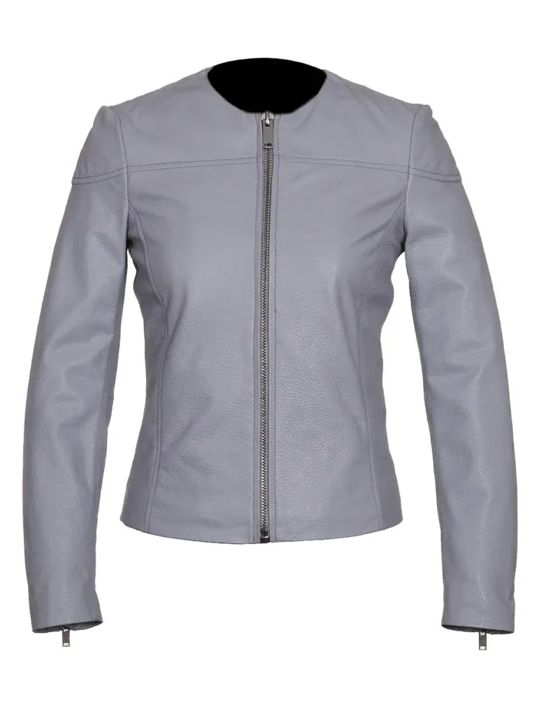 Grey Collar Less Leather Jacket