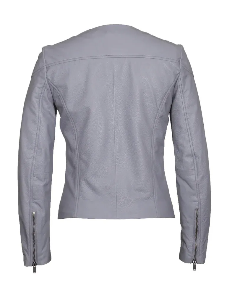 Grey Collar Less Leather Jacket