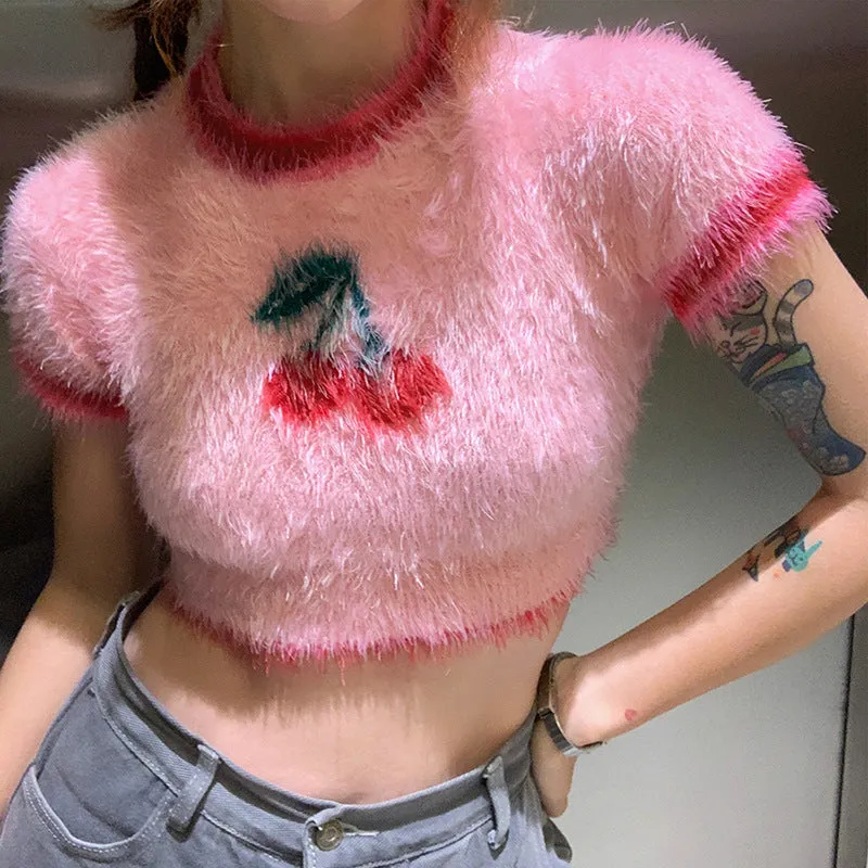 Hairy cherry sweater crop top vest knitwear cami for women