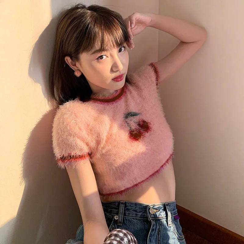 Hairy cherry sweater crop top vest knitwear cami for women