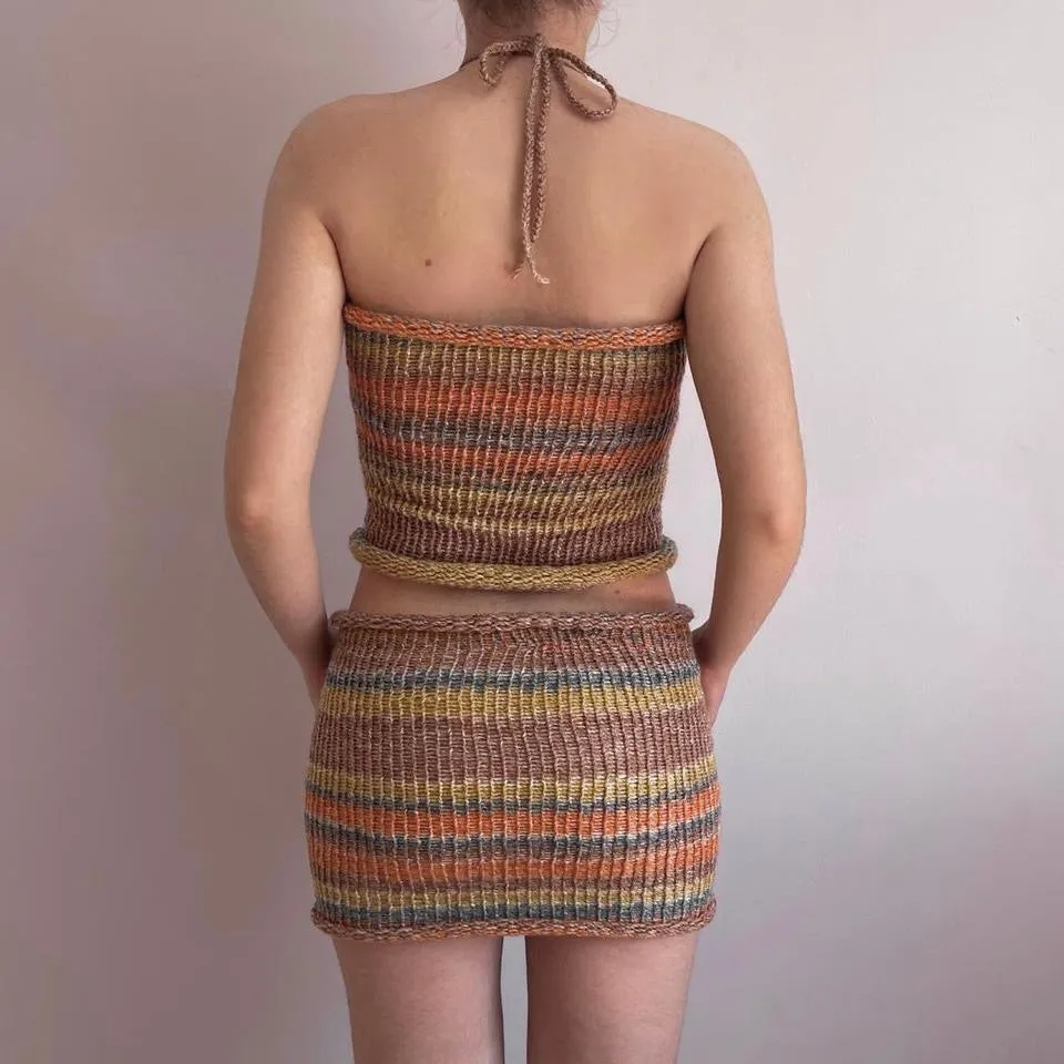 Handmade knitted mini skirt in orange, mustard yellow and grey