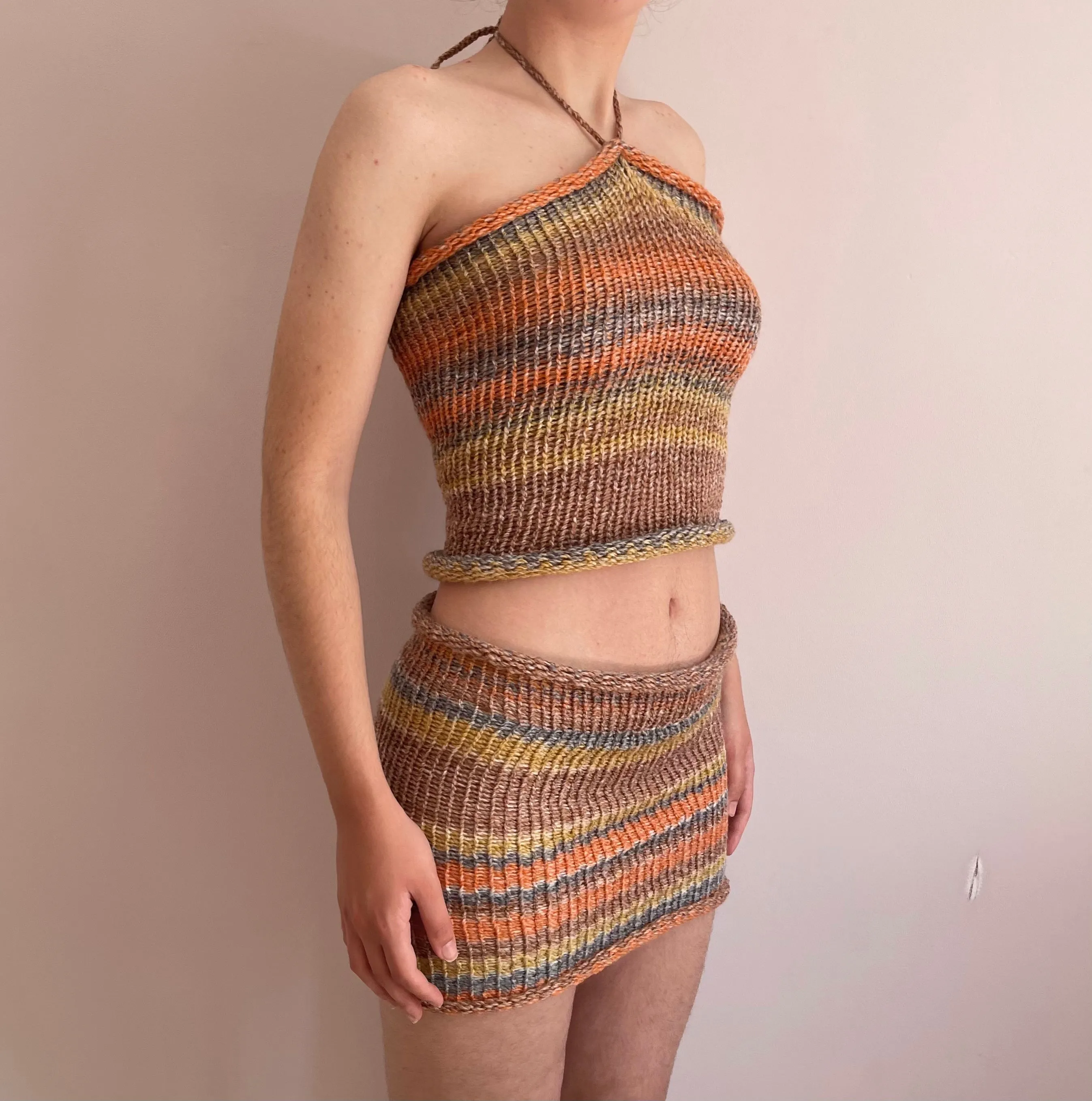 Handmade knitted mini skirt in orange, mustard yellow and grey