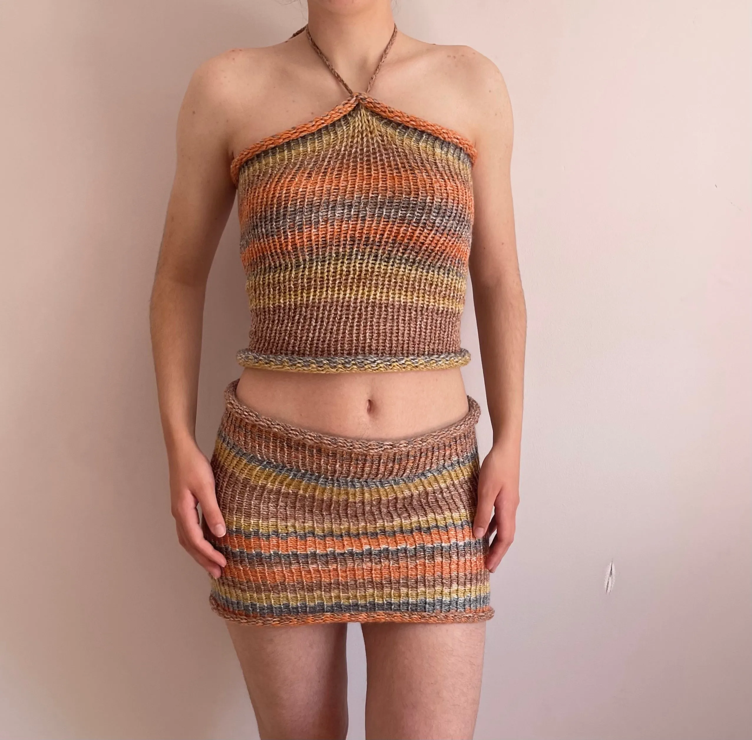 Handmade knitted mini skirt in orange, mustard yellow and grey