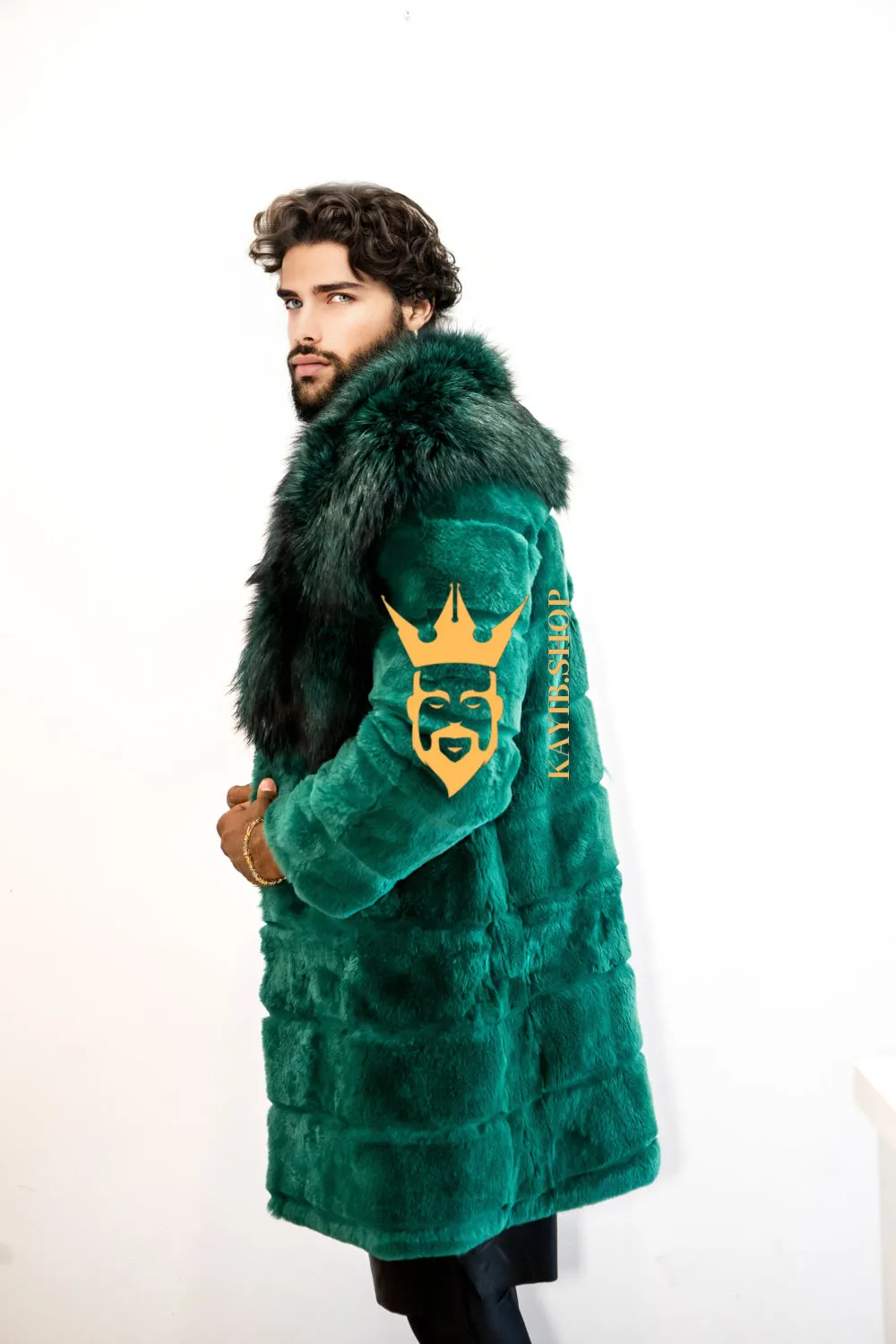 Handmade Luxury Winter Men's Rex Rabbit Fur Coat with Super Large Raccoon Collar - Premium Fashion coat