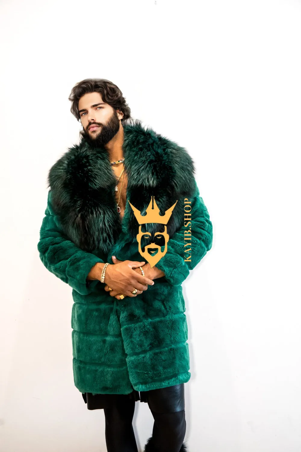 Handmade Luxury Winter Men's Rex Rabbit Fur Coat with Super Large Raccoon Collar - Premium Fashion coat