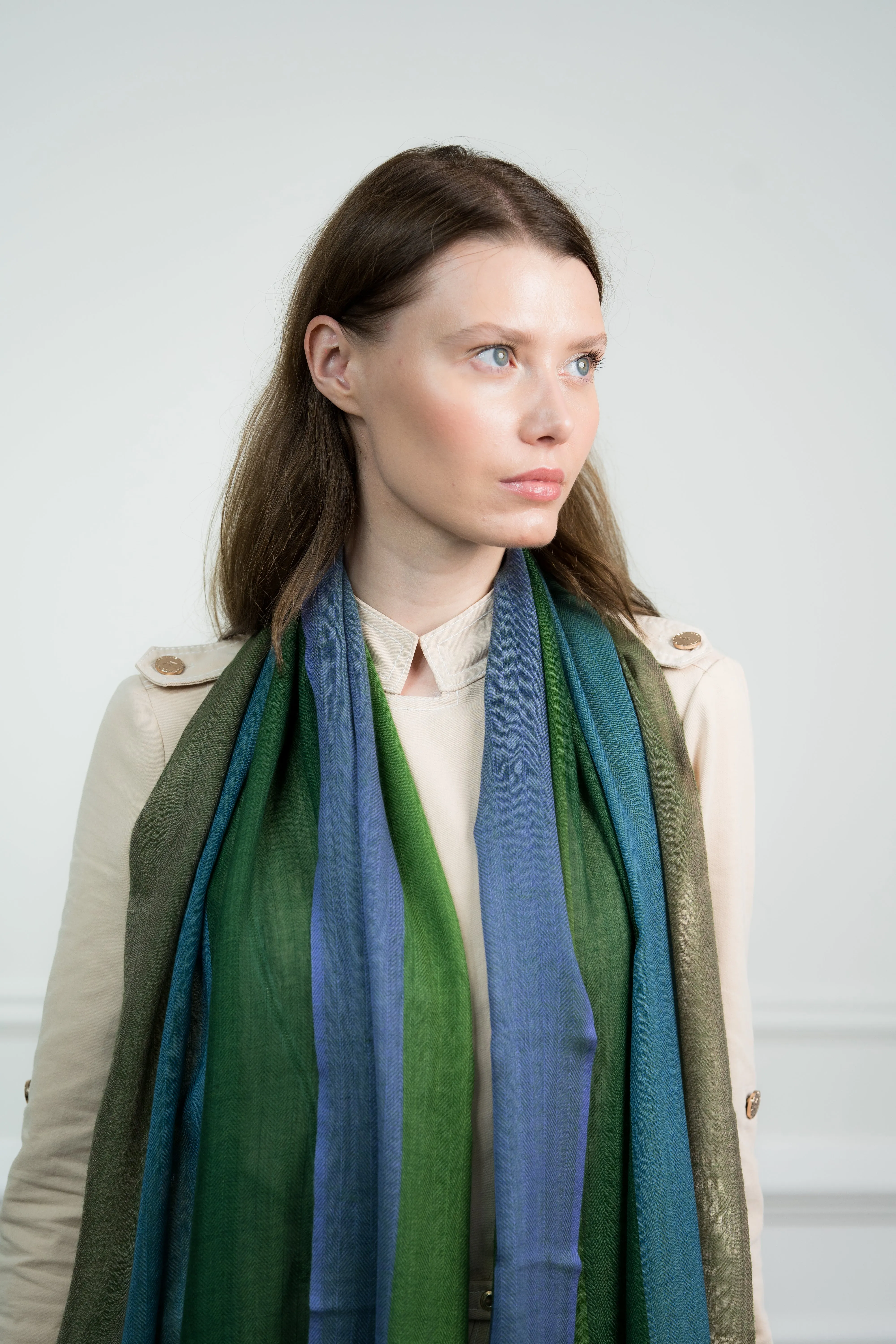 Herringbone Emerald 4 Color Block Cashmere Scarf