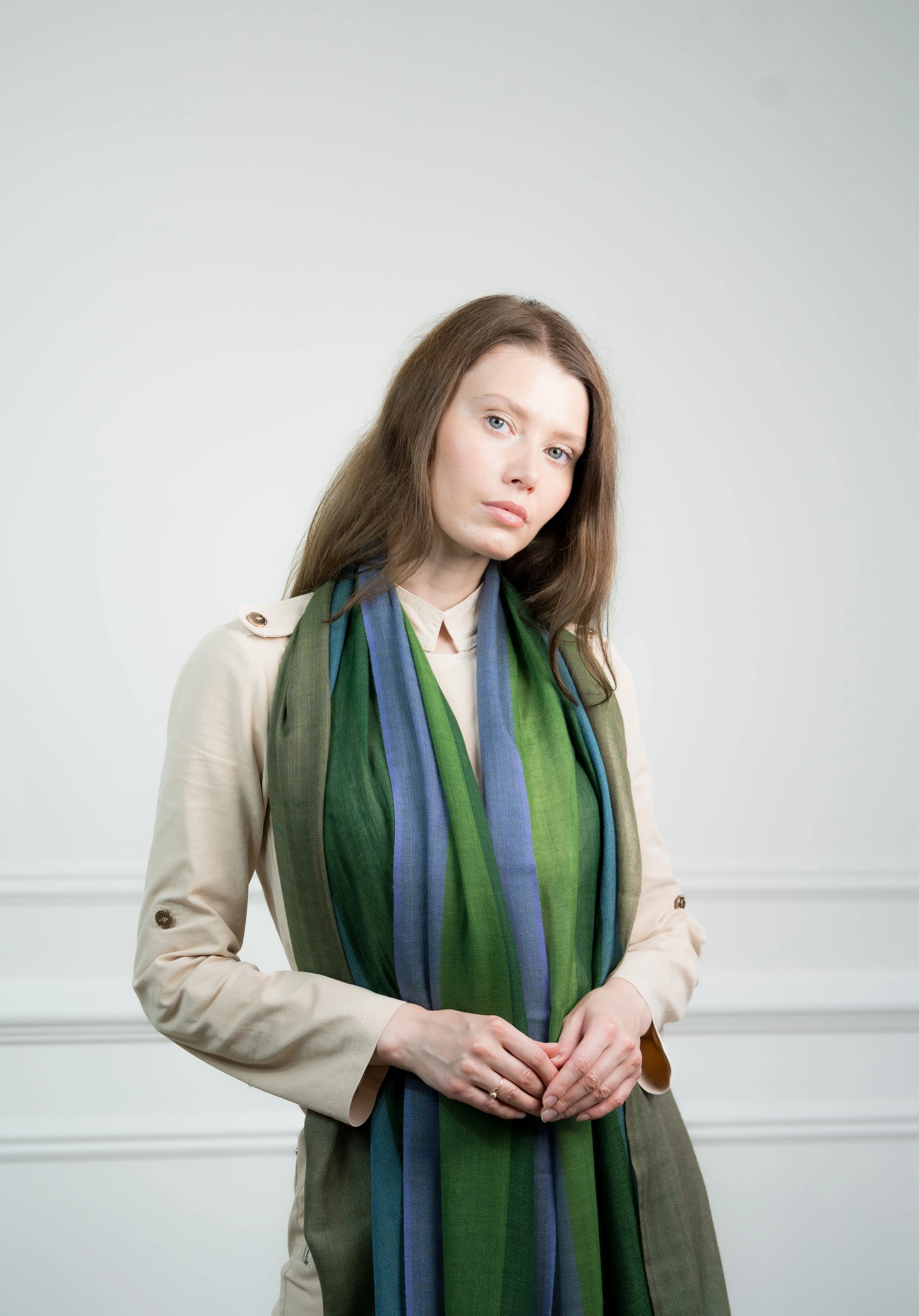 Herringbone Emerald 4 Color Block Cashmere Scarf