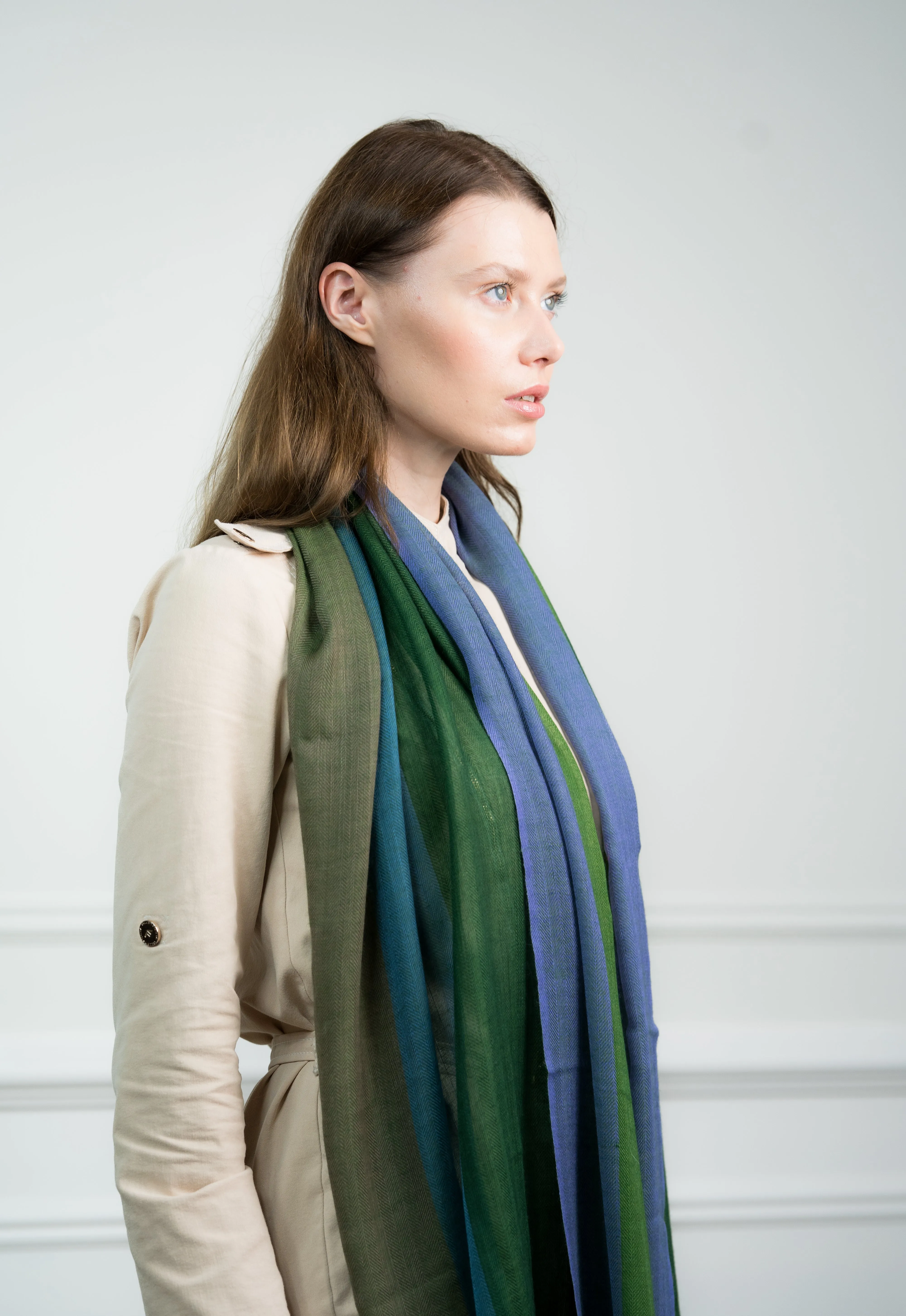 Herringbone Emerald 4 Color Block Cashmere Scarf