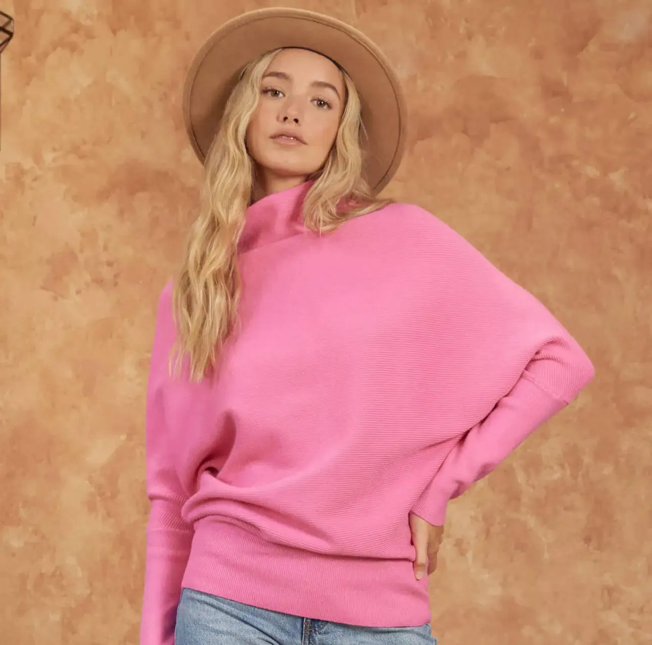 Hot Pink Slouch Neck Dolman Sleeve Sweater