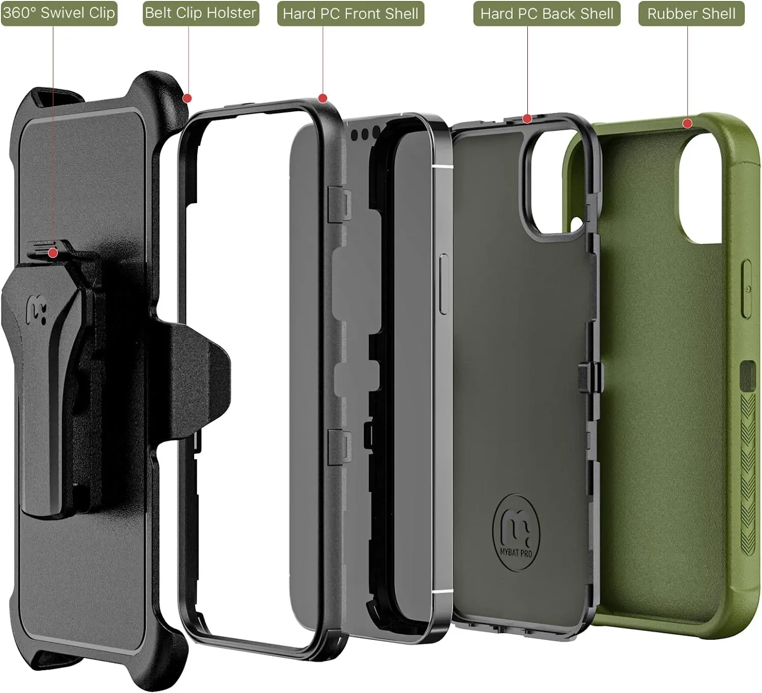 iPhone 14 Case Belt Clip Holster and Tempered Glass, 6.1 inch, Heavy Duty Military - Green