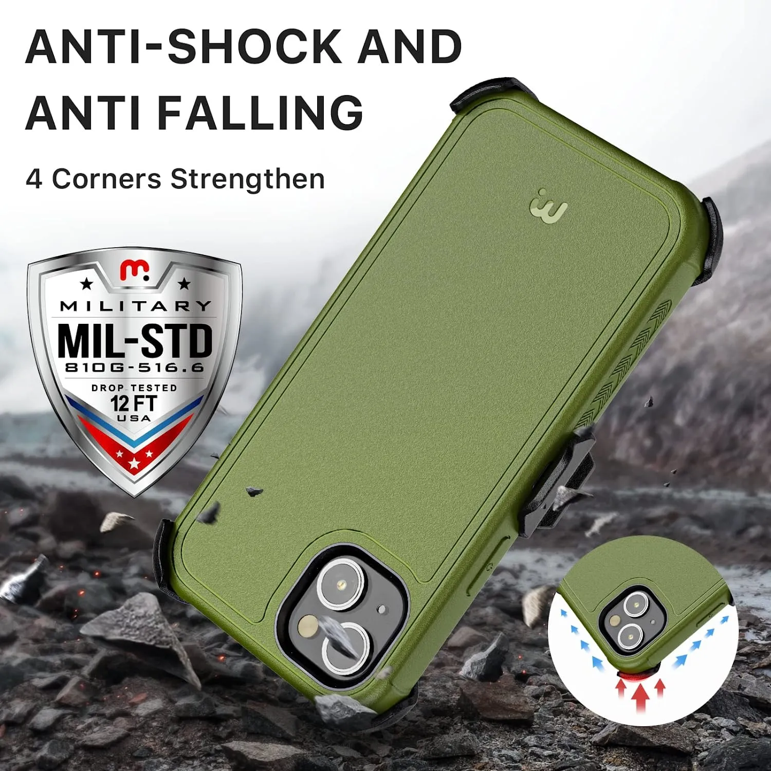 iPhone 14 Case Belt Clip Holster and Tempered Glass, 6.1 inch, Heavy Duty Military - Green