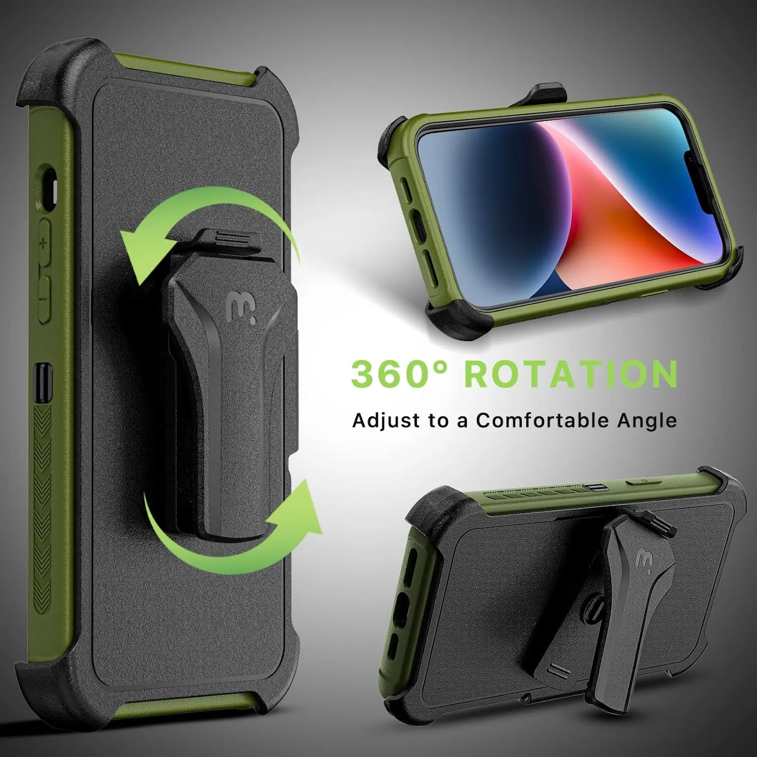 iPhone 14 Case Belt Clip Holster and Tempered Glass, 6.1 inch, Heavy Duty Military - Green