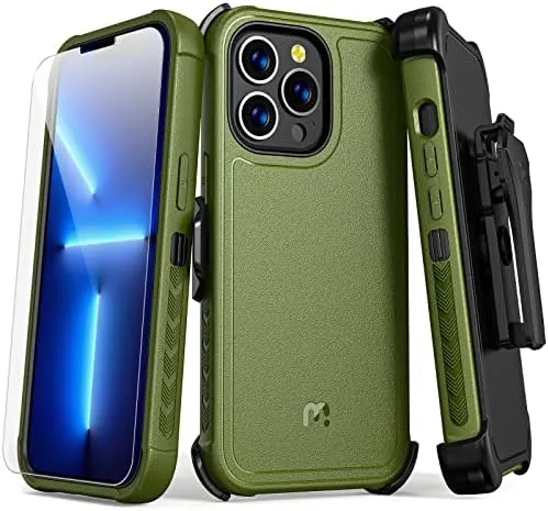 iPhone 14 Case Belt Clip Holster and Tempered Glass, 6.1 inch, Heavy Duty Military - Green