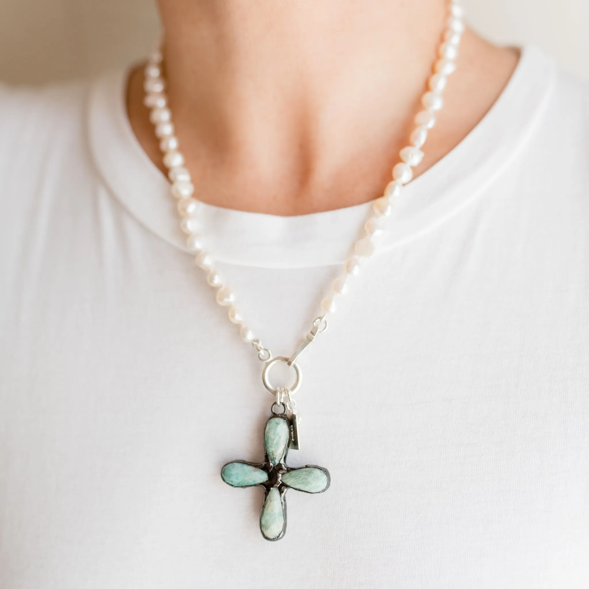 Kylie Pearl Necklace | Artisan Amazonite Cross & Freshwater Pearl Necklace | By Pearly Girls