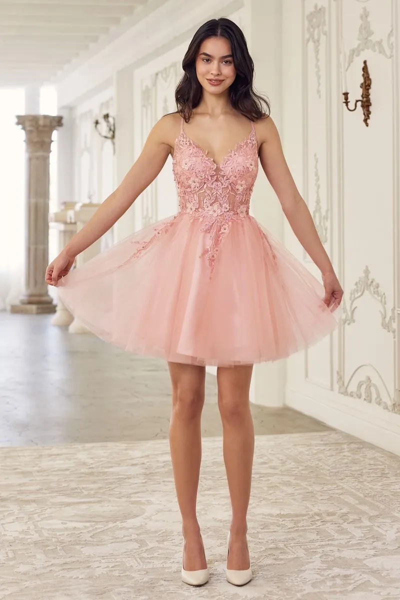 LACE BODICE A-LINE LAYERED TULLE SHORT DRESS CDSF047