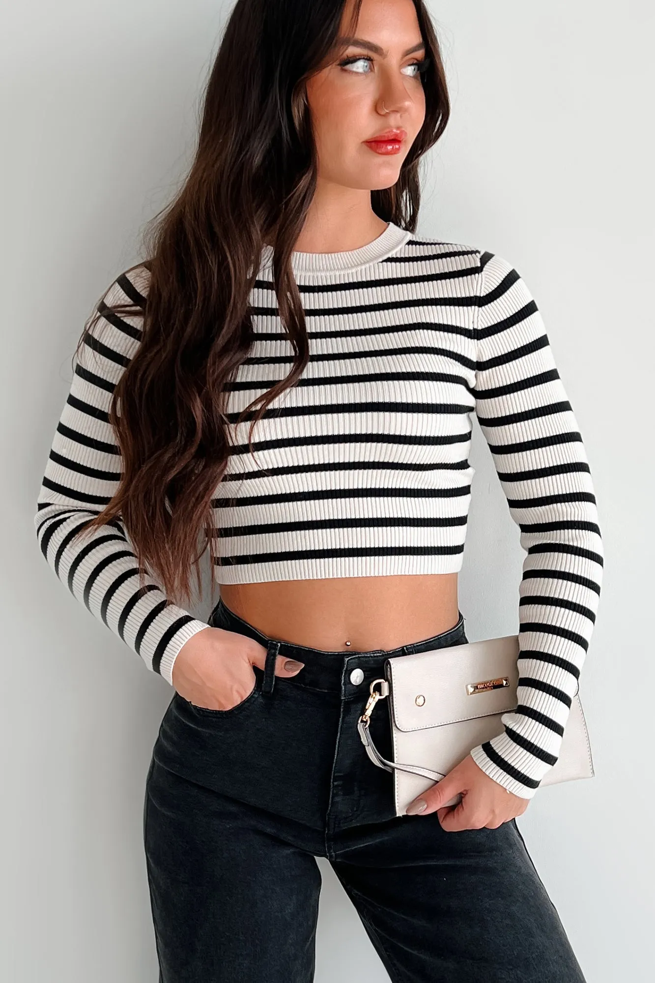 Lacy Ribbed Stripe Long Sleeve Top (Black/Ivory)