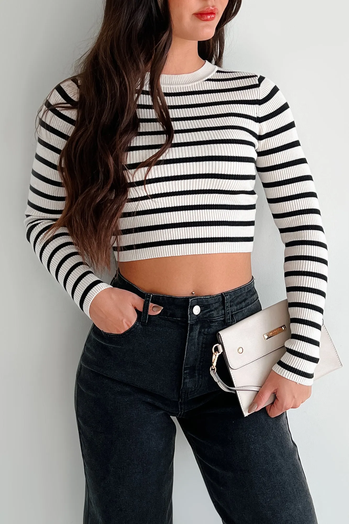 Lacy Ribbed Stripe Long Sleeve Top (Black/Ivory)