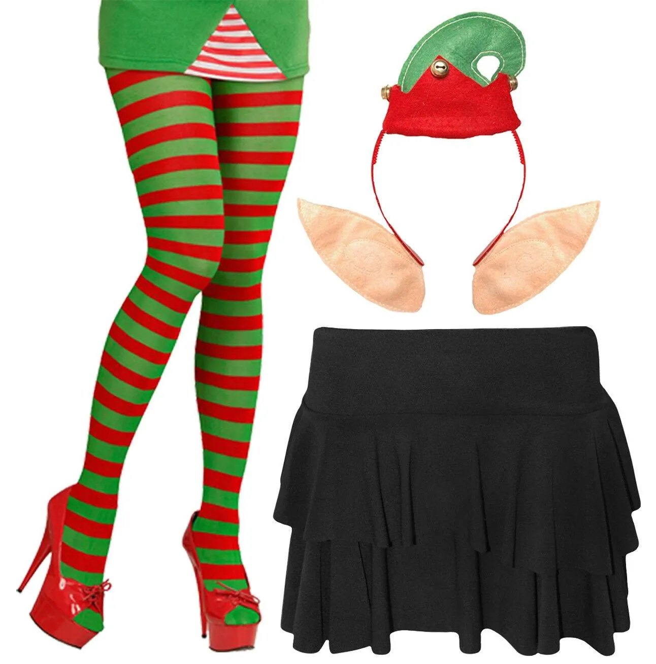 Ladies Christmas Elf Santa Helper Tights Headbopper Rara Skirt Xmas Fancy Dres