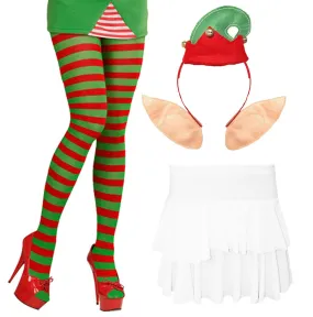 Ladies Christmas Elf Tights Headbopper White Rara Skirt Xmas Party Fancy Dress