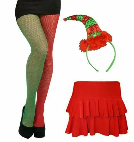 Ladies Christmas Red Rara Fishnet Tight Sequin Headband Xmas Fancy Dress