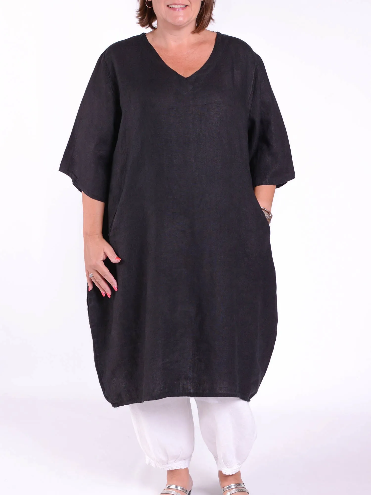 Lagenlook Basic Casual Tunic V Neck Dress - 9469V Linen