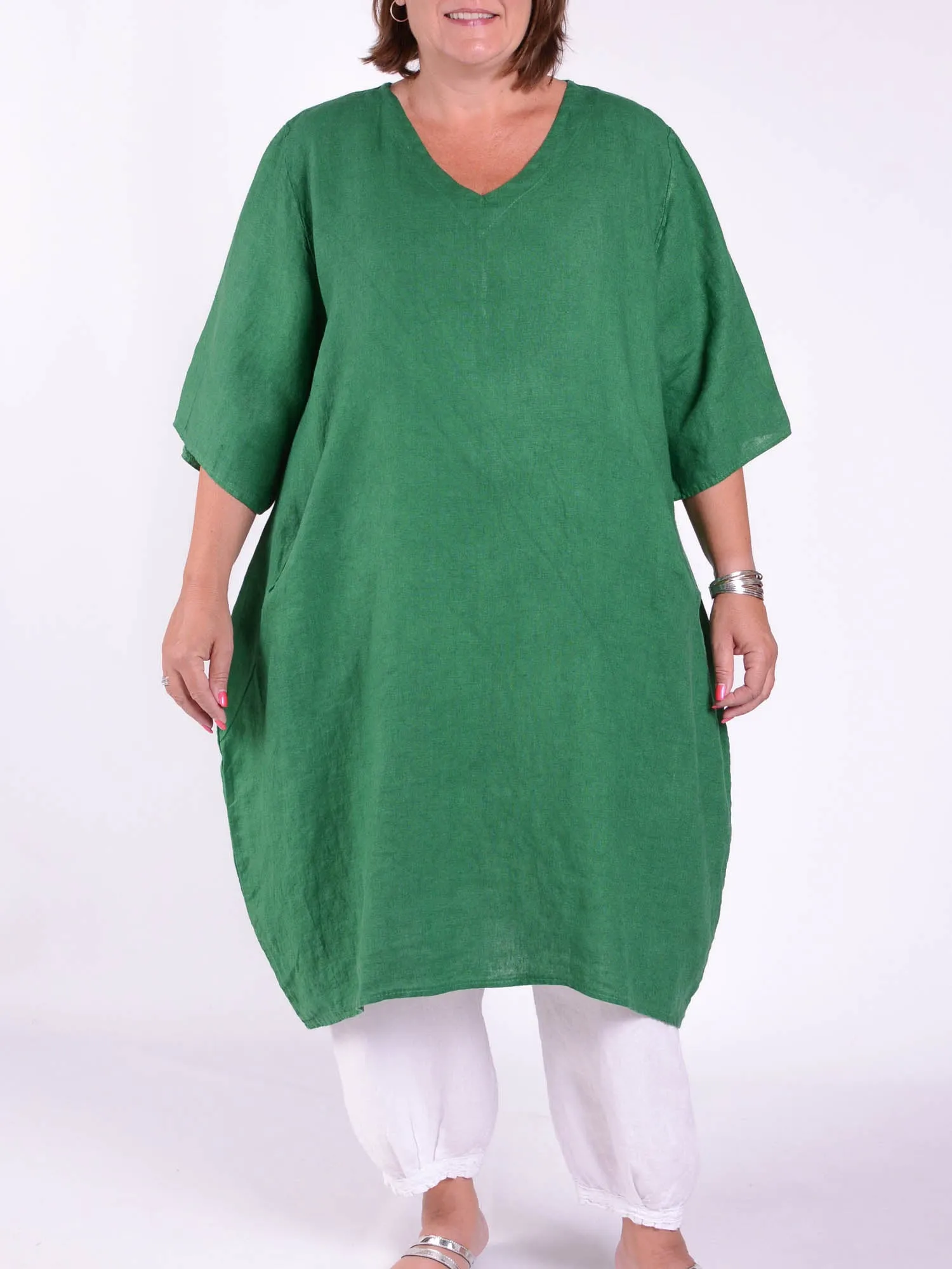 Lagenlook Basic Casual Tunic V Neck Dress - 9469V Linen