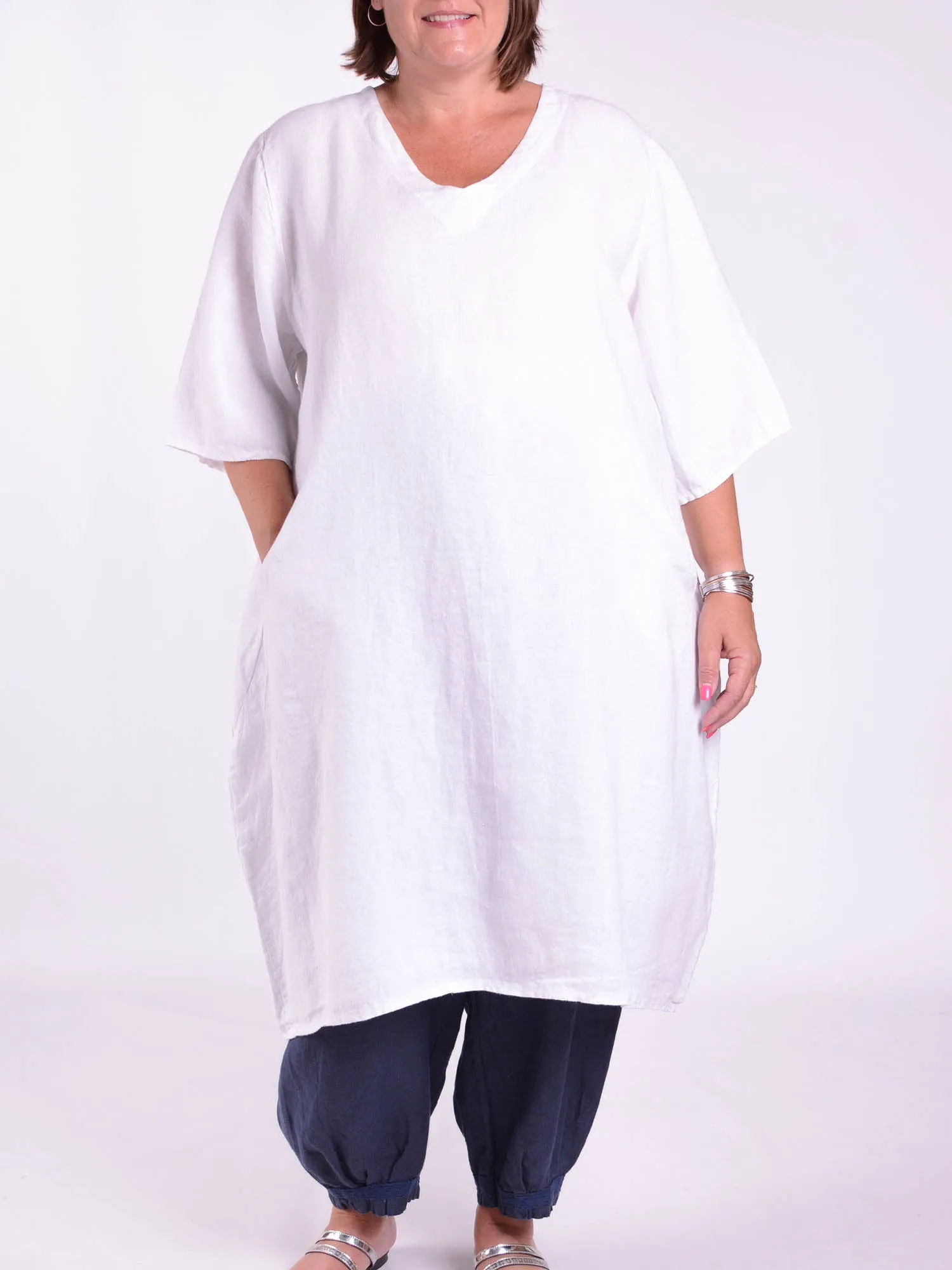 Lagenlook Basic Casual Tunic V Neck Dress - 9469V Linen